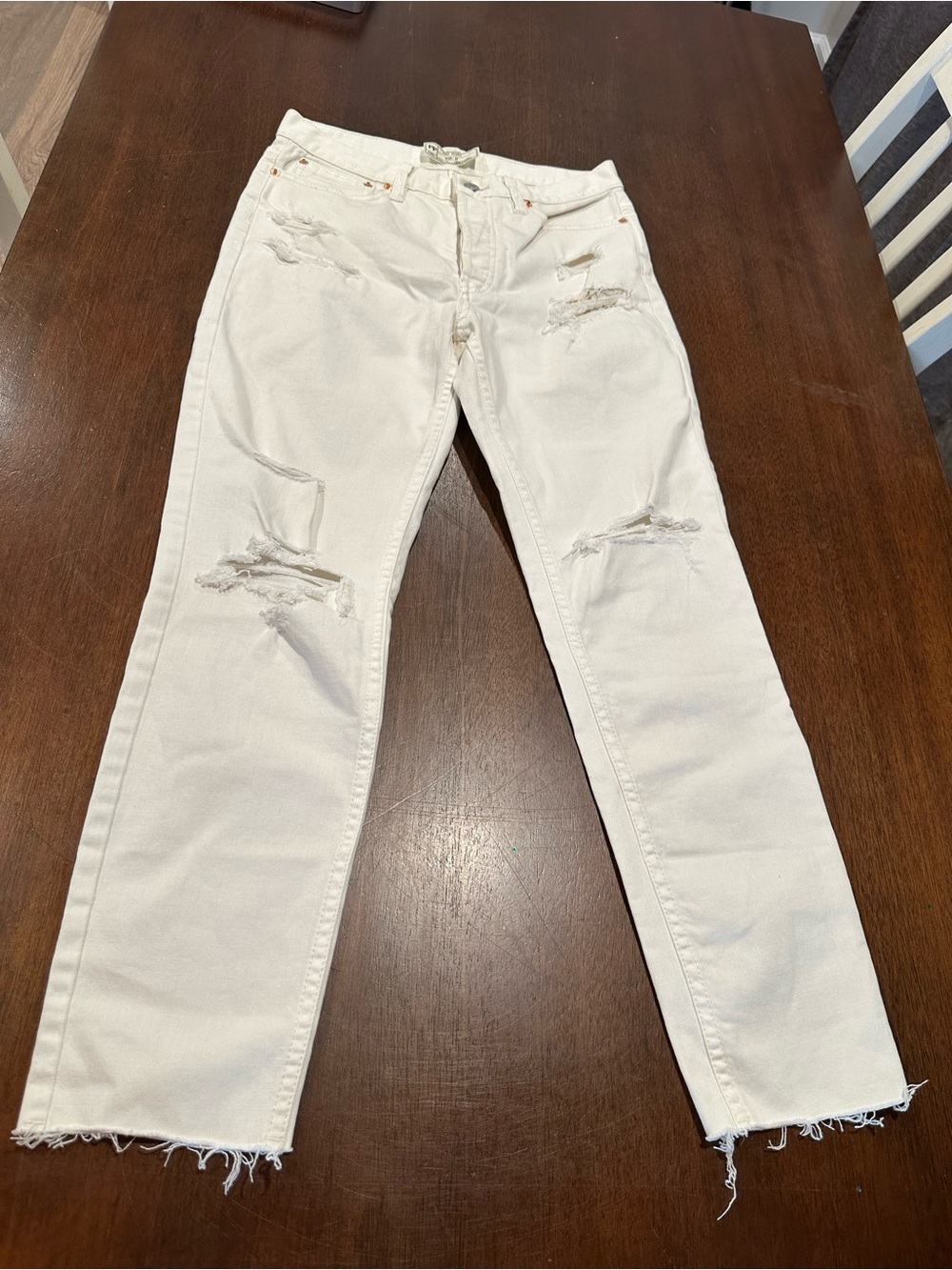 Free People Women's Straight High Rise White Distressed Denim Jeans 27
